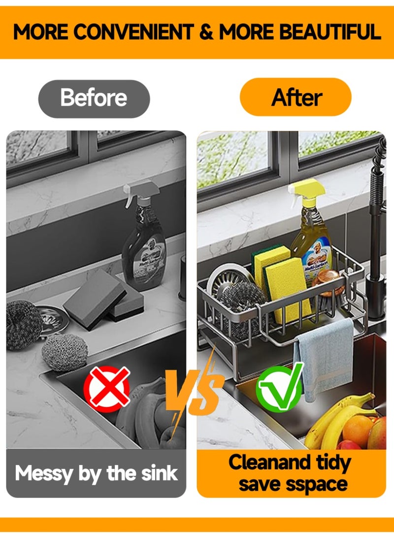 آي هوم شوب منظم حوض المطبخ مع حامل فرشاة قابل للإزالة - صينية تخزين بلاستيكية سوداء متعددة الطبقات مقاومة للصدأ، مناسبة للإسفنج والخرق والأواني، مزودة بخاصية تصريف المياه، سلة تنظيف فعالة - Image 4